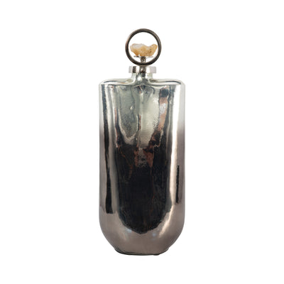 GLASS, 19 METALLIC BOTTLE W/ STONE TOP, SILVER