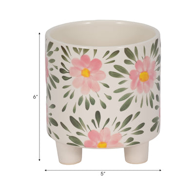 6 Footed Hand Painted Pink Flower Planter, Multi