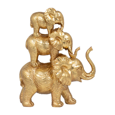 RESIN, 10 STACKED RAISED TRUNK ELEPHANTS, GOLD