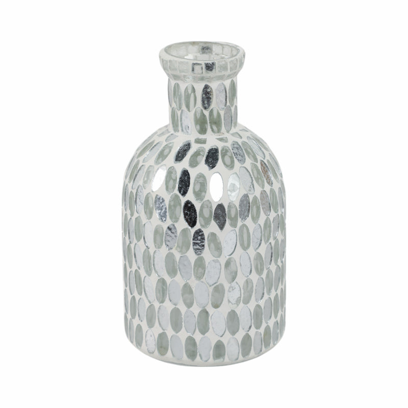 GLASS, 8H MOSAIC VASE, WHITE