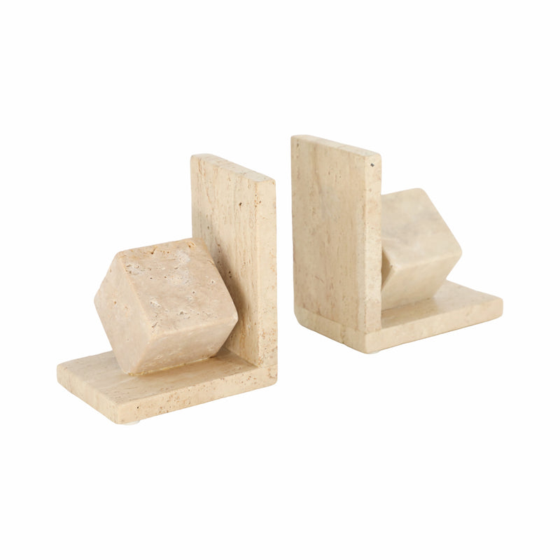 S/2 6 Travertine Cube On Base Bookends, Tan