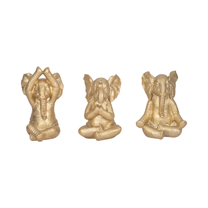 RESIN, S/3, 8H, YOGA ELEPHANTS, GD