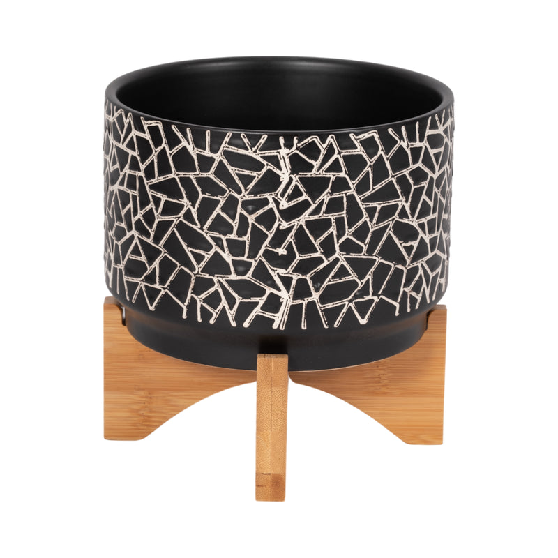 7 CRACKLED PLANTER W/ WOOD STAND, BLACK