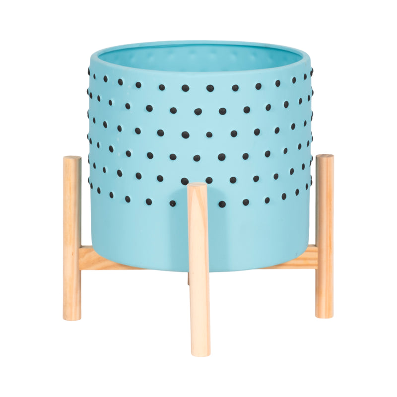 10 DOTTED PLANTER W/ WOOD STAND, BLUE