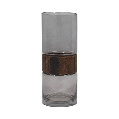 GLASS, 10 CYLINDER VASE W/ WOOD BAND, CLEAR