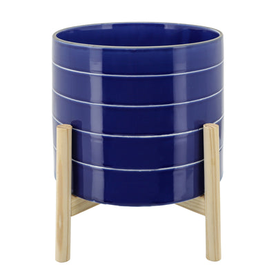 10 STRIPED PLANTER W/ WOOD STAND, NAVY