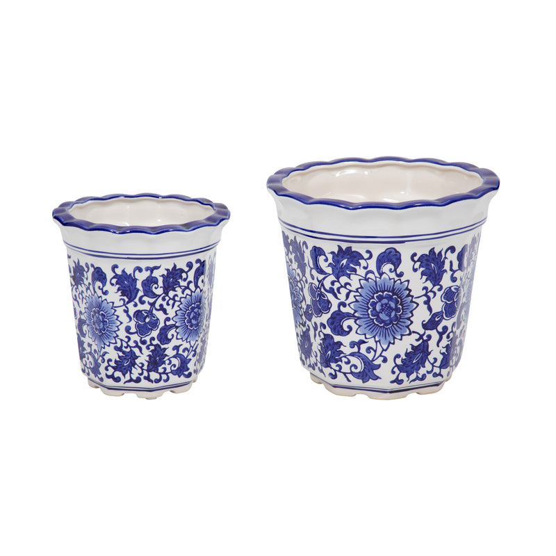 Cer, S/2 6/8 Chinoiserie Pot Planters, Blue/wht