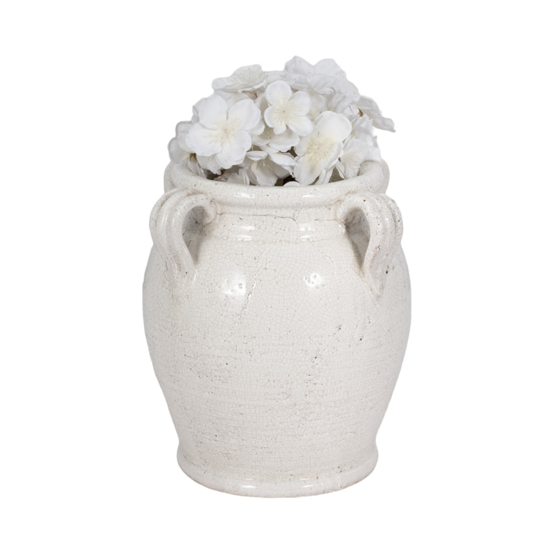 9 Terracotta Vase With Handles, White Crackle