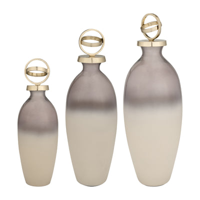 GLASS,16,BOTTLE W/SPHERE LID,WHITE/GOLD