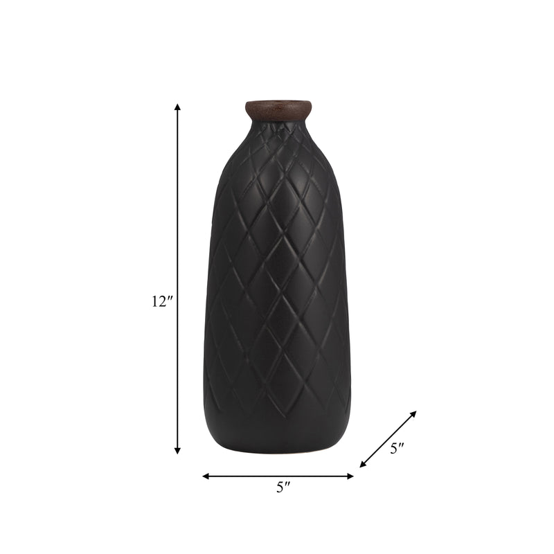 CER, 12 PLAID TEXTURED VASE, BLACK