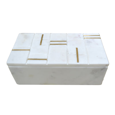 8 White Marble Box With Brass Inlay, White/gold