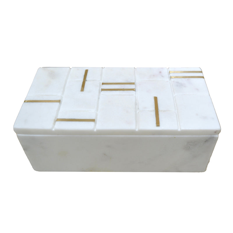 8 White Marble Box With Brass Inlay, White/gold