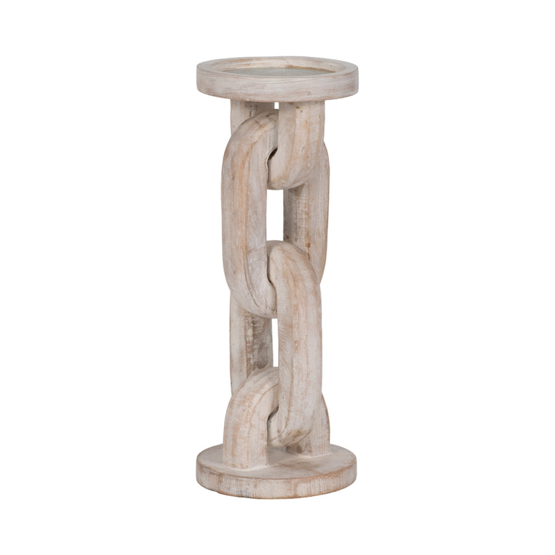 Wood, 11 Chain Pillar Candle Holder, White