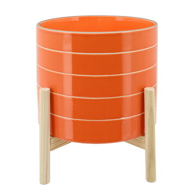 10 STRIPED PLANTER W/ WOOD STAND, ORANGE