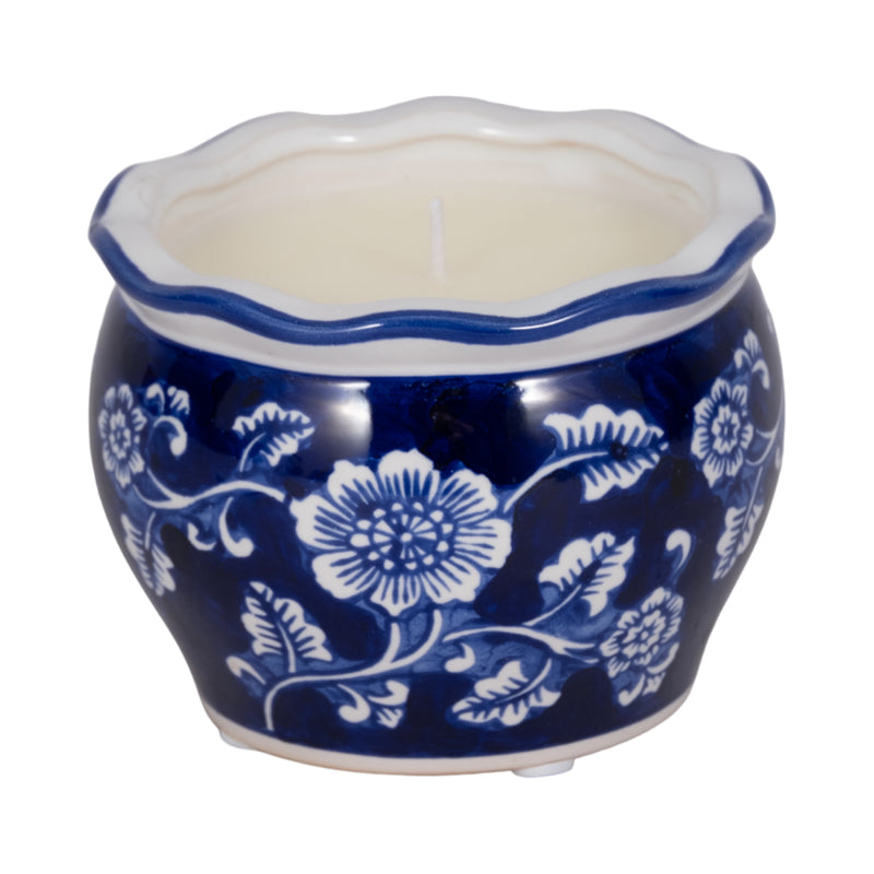 4, 7oz Round Chinoiserie Candle , Blue/white