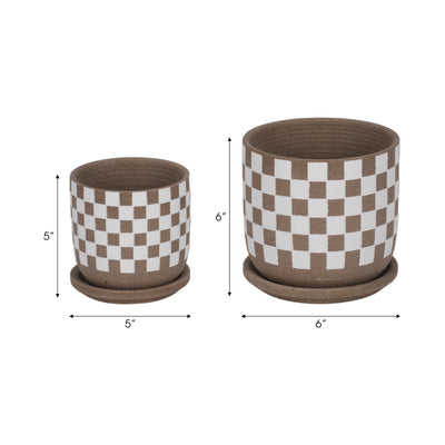 S/2 5/6 Checkerboard Saucer Planters, White/tan