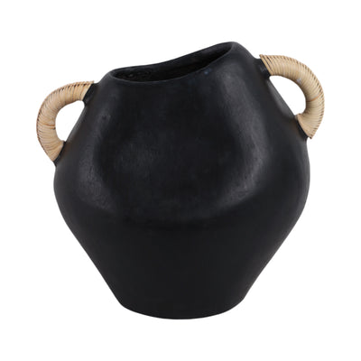 10 Terracotta Jug Vase W/rattan Handles, Blk