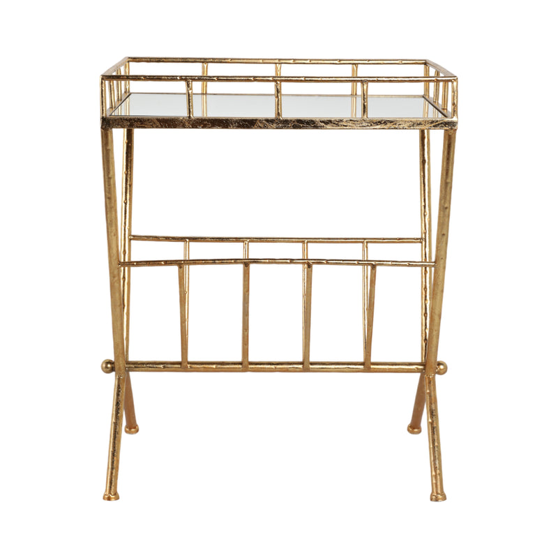 Metal & Glass Magazine Rack Accent Table, Gold