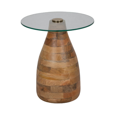 20 Striped Wood Accent Table With Glass Top, Natu