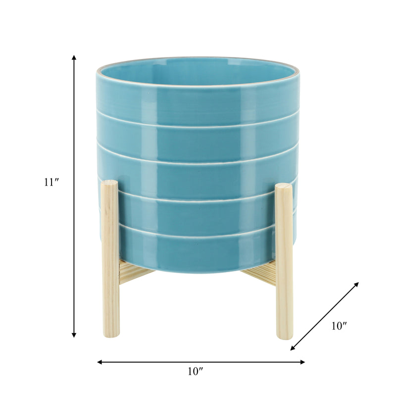 10 STRIPED PLANTER W/ WOOD STAND, SKYBLUE