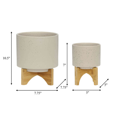 S/2 5/8 PLANTER W/ WOOD STAND, MATTE BEIGE