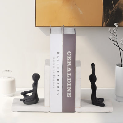 Metal, S/2 6 Yoga Ladies Bookends On Marble, Blk/