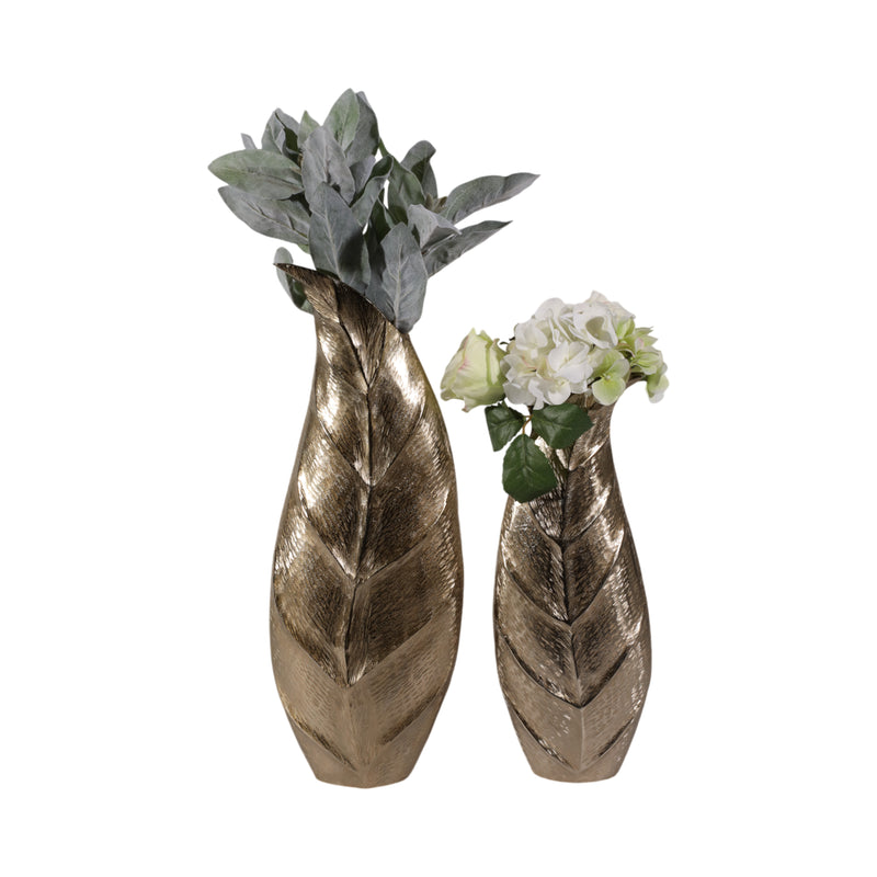 Metal, S/2 16/21 Fauna Leaf Vases, Champagne