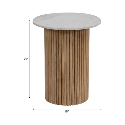 Wood/Marble, 22H Reeded, Side Table, Natural/Whit