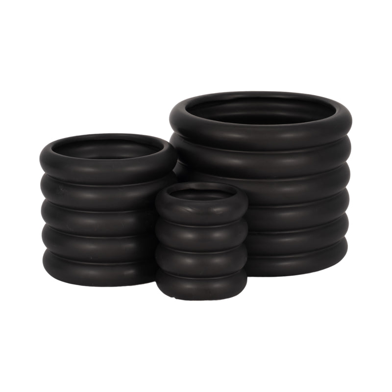 S/3 4/6/7 Stacked Rings Planters, Black