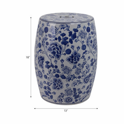 Cer, 18 Hydrangea Chinoiserie Stool, Blue/white