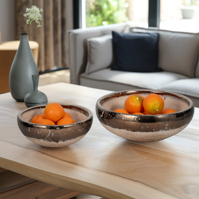 S/2 12/15 Gold Rim Terracotta Bowls, Grey