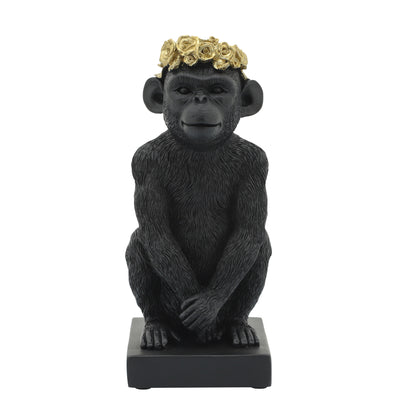 RES, 8 MONKEY FLOWER CROWN FIGURINE,  BLK/GLD