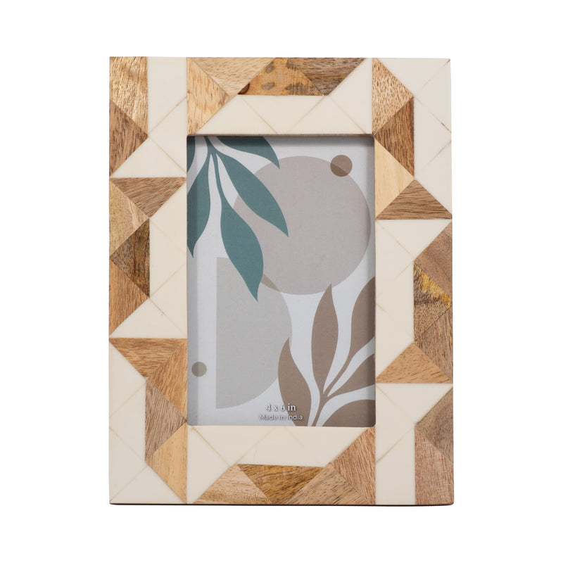 RESIN, 4X6 WOOD & WHITE GEOMETRIC PHOTO FRAME, WHI