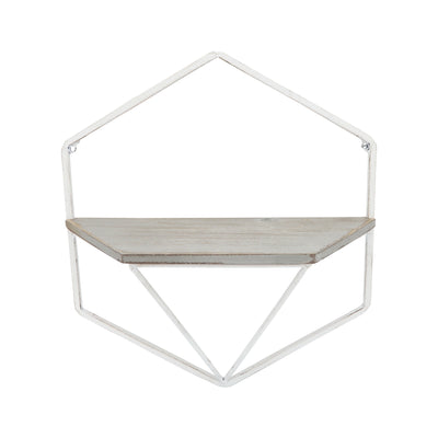 S/2 METAL / WOOD HEXAGON WALL SHELVES, WHT/GRAY