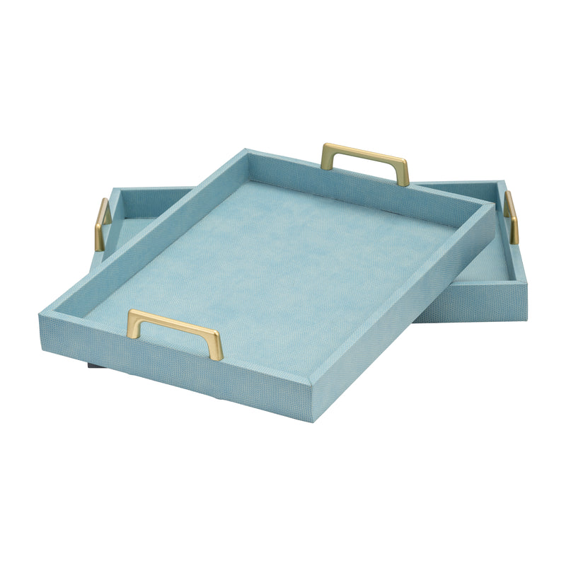 S/2 16/18L FAUX SNAKESKIN TRAYS, AQUA