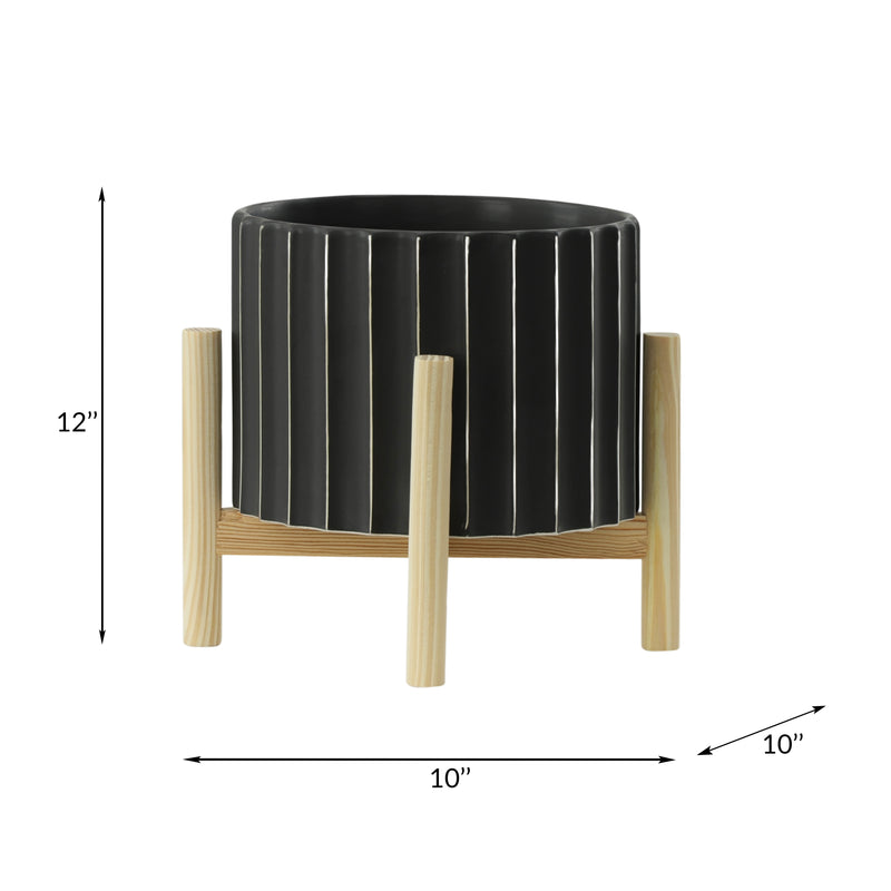 12 CERAMIC FLUTED PLANTER W/ WOOD STAND, BLACK