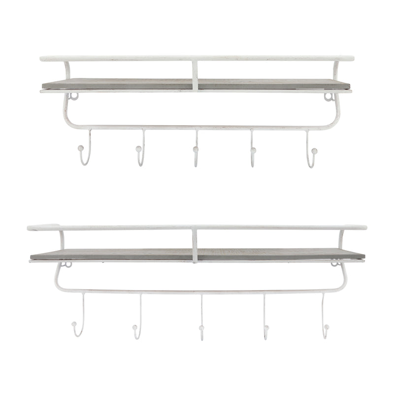 METAL/WOOD 20 5  HOOK WALL SHELF, WHITE/GRAY