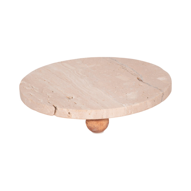 10 Travertine Tray On Wood Ball Feet, Tan