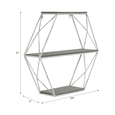 Metal/wood 3 Tier Hexagon Wall Shelf, Gray/white