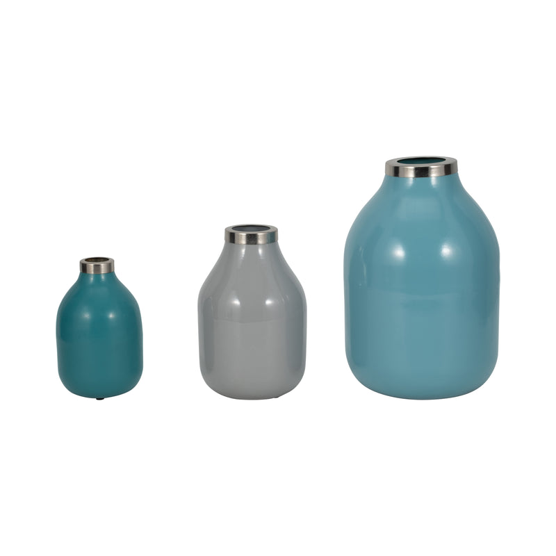 S/3 7/9/12 Jefford Metal Bottle Vases, Blue