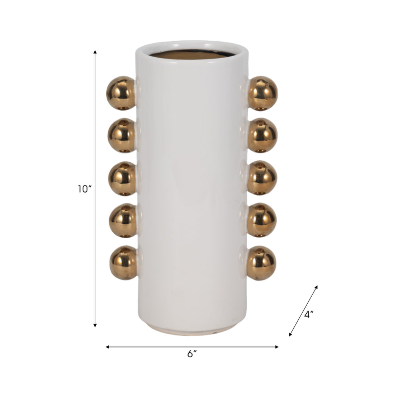 Cer, 10 Vase W/ Side Knobs, White/gold