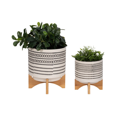 S/2 8/10 AZTEC PLANTER W/ WOOD STAND, GRAY