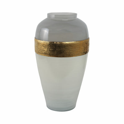 GLASS 21H GINGER VASE W/ BRASS BAND, WHITE