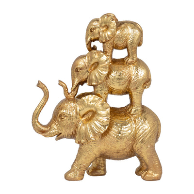 RESIN, 10 STACKED RAISED TRUNK ELEPHANTS, GOLD