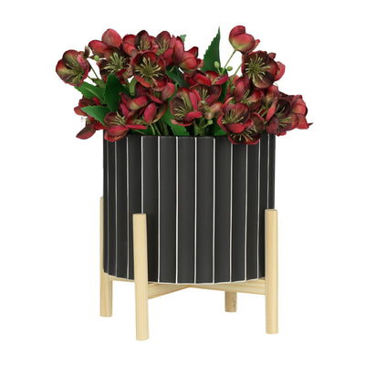 12 CERAMIC FLUTED PLANTER W/ WOOD STAND, BLACK