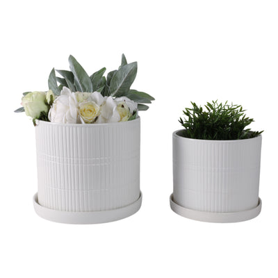 S/2 10/12 Line Textured Planter, White