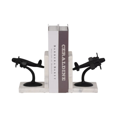 Metal, S/2 6 Airplane Bookends On Marble, Blk/wht