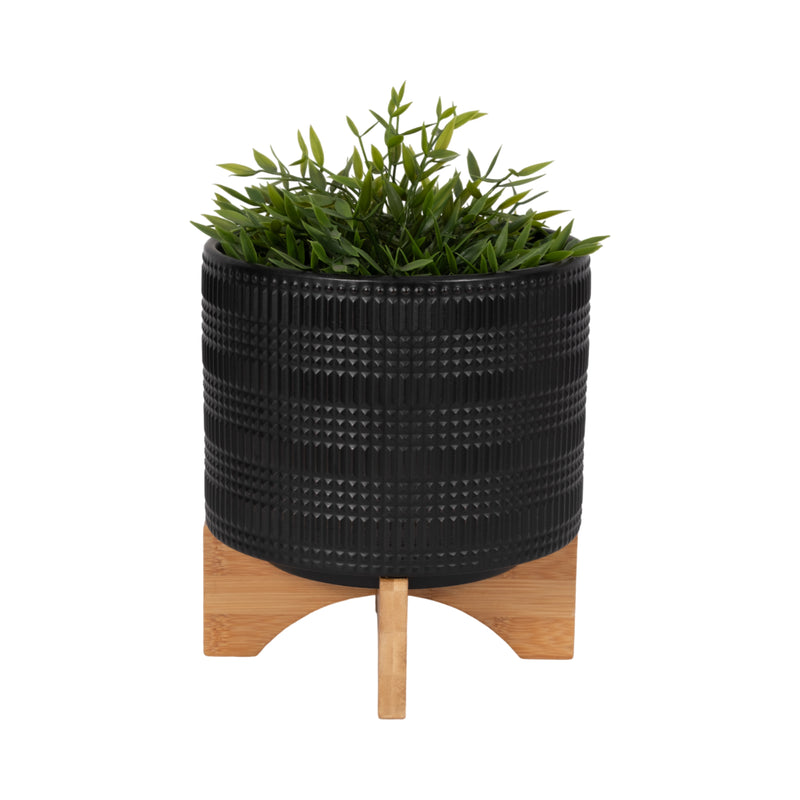 CER, 8 TRIBAL PLANTER W/ STAND, BLACK