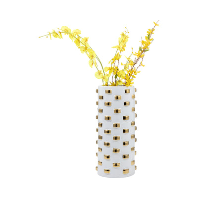 Stoneware, 11 Cylinder Vase, White/gold