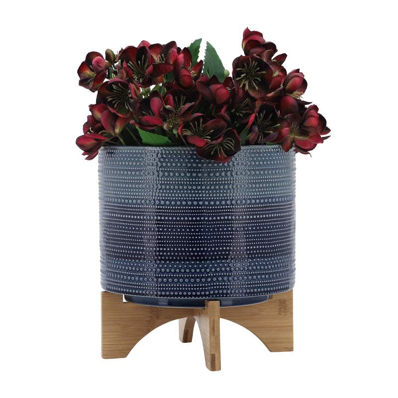 11 DOTTED PLANTER W/ WOOD STAND, BLUE